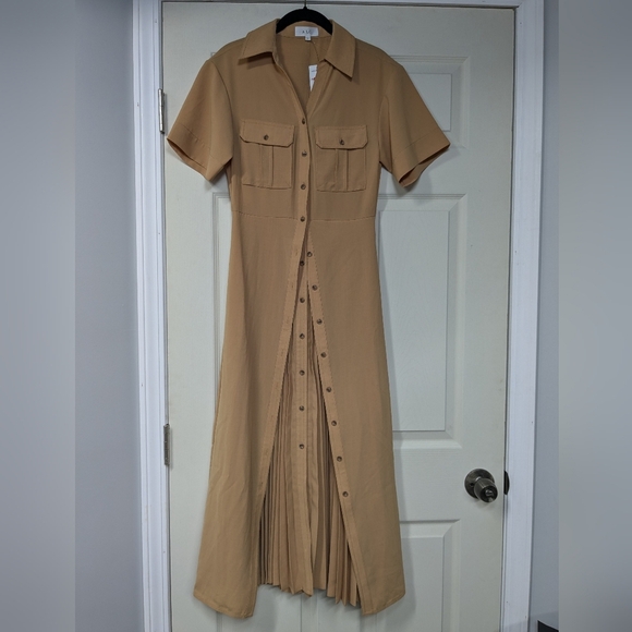 A.L.C. Florence Pleated Shirt Dress Raffia Tan Maxi Size 4 - Picture 6 of 13
